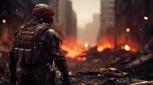 Lone Soldier Walking In Destroyed City