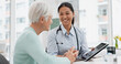 © Felix/peopleimages.com - Talking, doctor or elderly patient with tablet for results, digital report or health report history online in hospital. Medical, healthcare or nurse with advice, news update or support for old woman