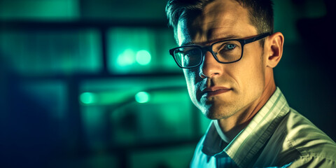 Business man with glasses looking serious and concentrating in office