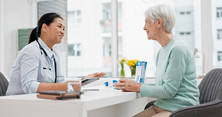 Wall Mural - Medical consultation, tablet and senior woman, doctor and talk to patient, explain hospital services or healthcare insurance. Chat, results or cardiology worker consulting, advice or help old person