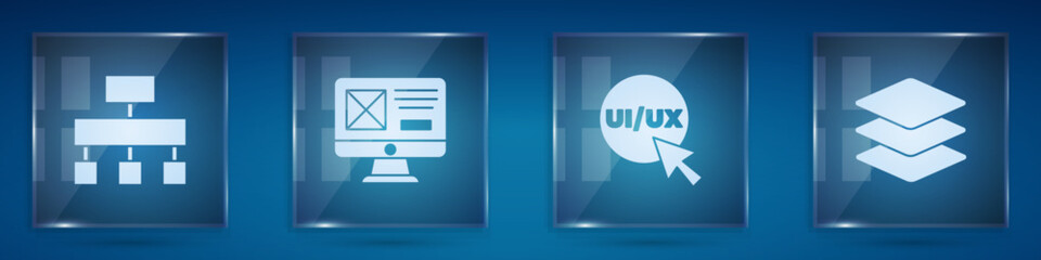 Poster - Set Site map, UI or UX design, and Layers. Square glass panels. Vector