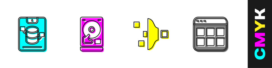 Aufkleber - Set Server, Data, Web Hosting, Hard disk drive HDD, Filter setting and Browser files icon. Vector