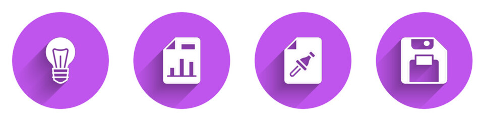 Poster - set light bulb, document with graph chart, note paper push button and floppy disk icon with long sha
