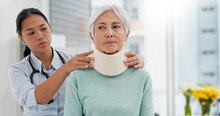 Doctor, Senior Woman And Neck Brace After Injury, Accident Or Hospital Emergency. Medical Professional, Elderly Person And Collar In Consultation For Healthcare, Wellness Or Healing In Rehabilitation