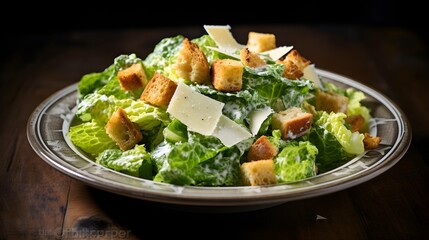 Wall Mural - Classic healthy grilled chicken caesar salad with cheese and croutons, dark background