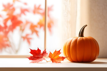 Wall Mural - A close up of a pumpkin with autumn leaves