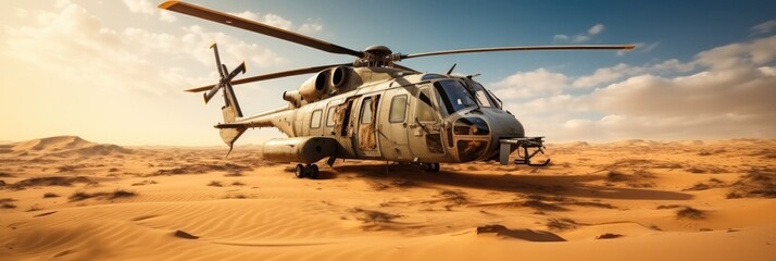 Crashed military helicopter in the middle of the desert for warfare aftermath or mission failure.