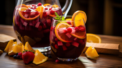 Wall Mural - Homemade red wine sangria with orange, apple, strawberry and ice in pitcher and glass on rustic wooden background