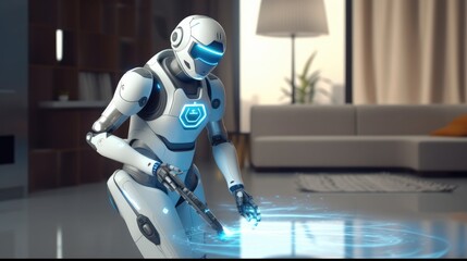 Poster - Housekeeping robot maid working with a vacuum machine, Technology concepts.