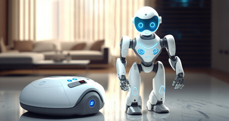 Poster - Housekeeping robot maid working with a vacuum machine, Technology concepts.