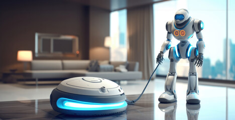 Poster - Housekeeping robot maid working with a vacuum machine, Technology concepts.