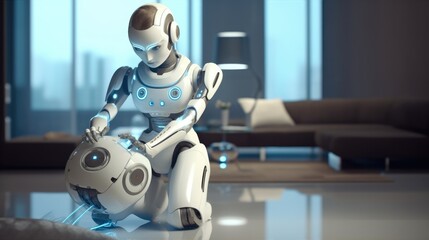 Poster - Housekeeping robot maid working with a vacuum machine, Technology concepts.