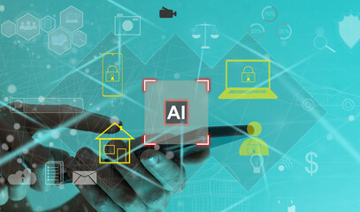 Leinwandbilder - Man hand with pen working with abstract virtual artificial Intelligence symbol hologram on blurred office background. Multiexposure