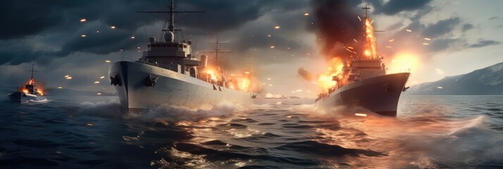 Wall Mural - Military naval at sea, War boats being destroyers with military explosions for tactical war.