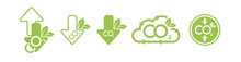 CO2 Emission Reduction Neutrality Concept Icon Set. Cloud Shape Banners With Zero Footprint, CO2 Neutral. Green Eco Friendly Stop Global Warming. Vector