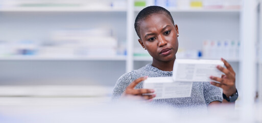 Wall Mural - Pharmacy, product choice and black woman, customer or client reading pills box label, instruction or medication. Mockup space, supplements comparison and African person with medicine brand decision