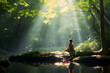 girl standing in peaceful forest scene with rays of sunlight