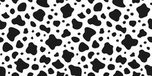 Vector Cow Seamless Pattern. Black And White Animal Skin Texture Background. Milk Farm, Dairy Illustration For Print, Pattern Fill, Surface Design. Cartoon Irregular Spots Wallpaper