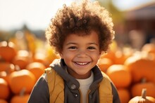 Mixed Race Boy With Curly Hair Smiling Portrait At Pumpkin Patch On Sunny Day. Autumn Thanksgiving And Halloween Photoshoot.