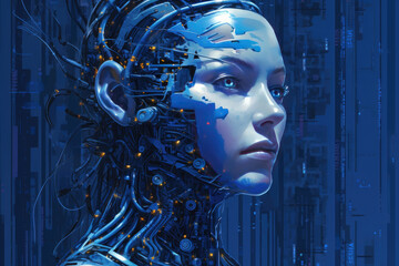 Poster - View of female robot with wires inside of head.Portrait of a Female Android Robot.Artificial intelligence.Advanced robotics technology.Deep learning algorithms.Generative AI