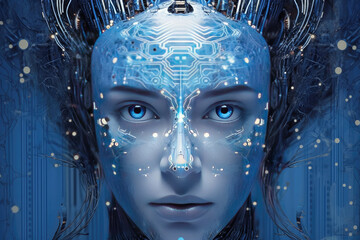 Poster - View of female robot with wires inside of head.Portrait of a Female Android Robot.Artificial intelligence.Advanced robotics technology.Deep learning algorithms.Generative AI
