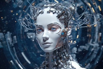 Poster - View of female robot with wires inside of head.Portrait of a Female Android Robot.Artificial intelligence.Advanced robotics technology.Deep learning algorithms.Generative AI