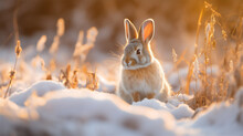A Rabbit Lit By The Sunrise On A Snowy Field