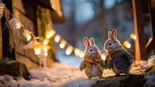 Dressed Rabbits Going To A Village Festival On A Winter Day