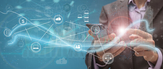 Leinwandbilder - IOT Internet of things, Person hand touching VR screen Internet of things icon background, Digital transformation, Modern technology concept.