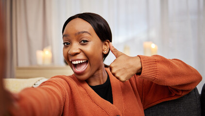 Sticker - Selfie, black woman and thumbs up at home with a smile for success, motivation and excited. Portrait, happy and African female person in a living room with a like, yes and emoji hand sign at house