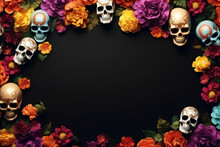 Colorful Skulls And Flowers Frame Over Dark Background With Copy Space. Generative AI.