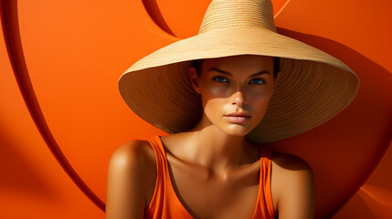 Wall Mural - beautiful fashion model in a wide-brimmed straw hat on a sunny day