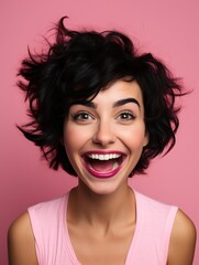 Wall Mural - Happy woman smiling on isolated colored background