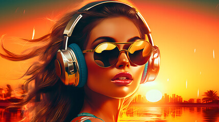 Disco girl wearing huge headphones and sunglasses. Summer sunset beach party