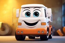 Cute Cartoon Truck Character, Ultra Detailed, White Colour, In A Garage