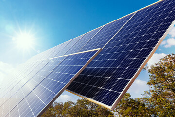 Wall Mural - solar panels reflect sparkling morning sunlight, energy efficiency management.3d rendering