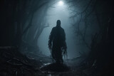 Fototapeta  - Mysterious monster lurking in the misty forest, zombie in the darkness, chilling horror or Halloween concept, eerie tall figure, the lurking death