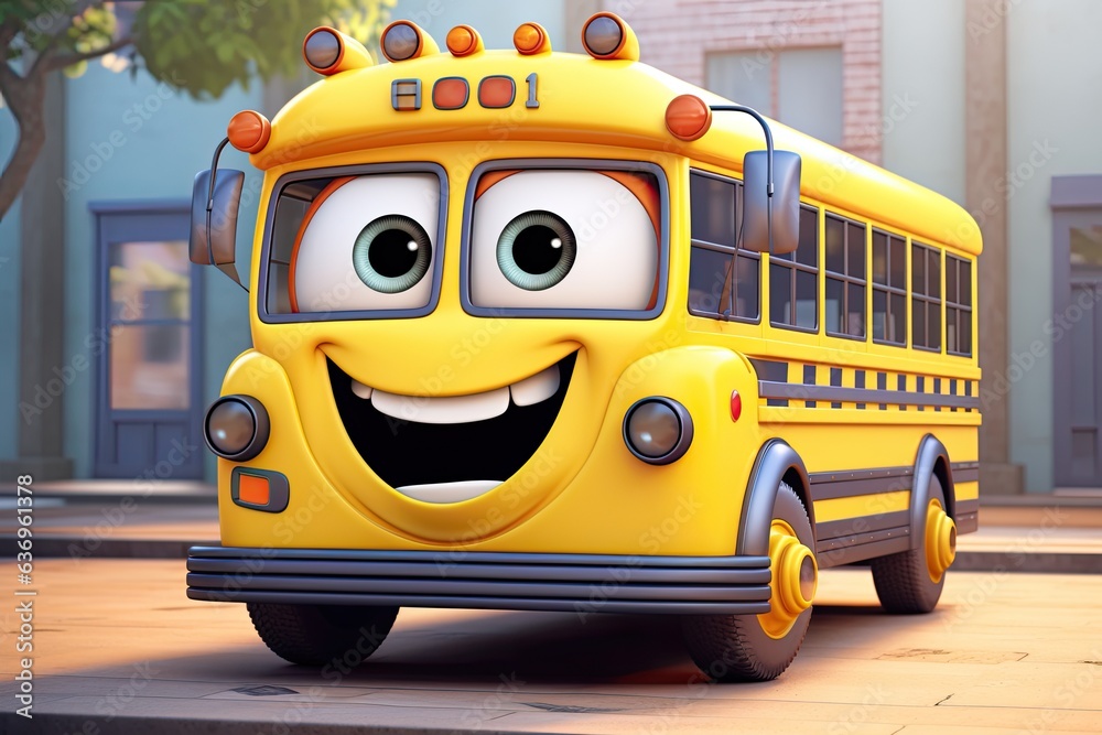 Smiling friendly Cartoon character yellow colour school bus on a street ...