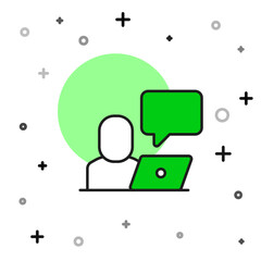 Poster - Filled outline Freelancer icon isolated on white background. Freelancer man working on laptop at his house. Online working, distant job concept. Vector