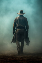 Old West Cowboy Wearing A Hat And Jeans. Foggy, Dusty, Background. 