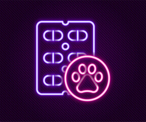 Sticker - Glowing neon line Dog pill icon isolated on black background. Prescription medicine for animal. Colorful outline concept. Vector