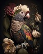 Fantasy parrot portret in flowers and leaves