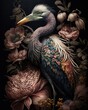 Fantasy heron portret in flowers and leaves