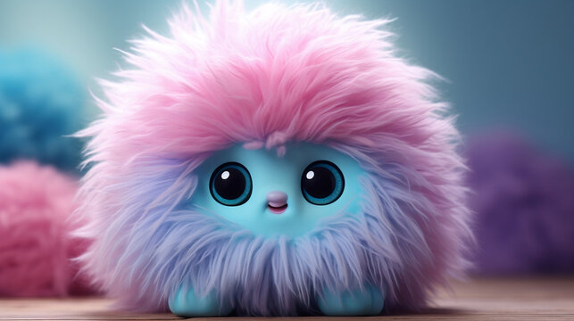 Playful and Colorful Fluffy Monster in Blue and Pink