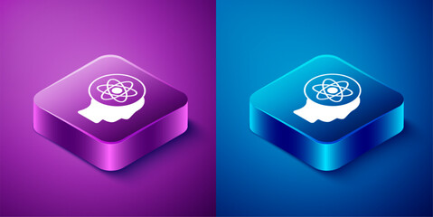 Sticker - Isometric Atom icon isolated on blue and purple background. Symbol of science, education, nuclear physics, scientific research. Square button. Vector