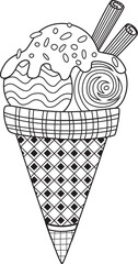 Wall Mural - Ice cream doodle coloring book page. Black and white vector zentangle illustration.