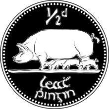 Irish Money Pre-decimal Gold Coin Halfpenny With Pigs On Reverse. Black And White Image