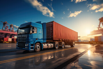 Wall Mural - System transport and logistics of truck container cargo ship.