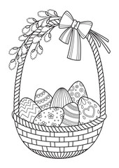 Wall Mural - Easter egg basket doodle coloring book page. Black and white vector zentangle illustration.