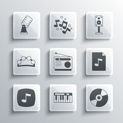 Wall Mural - Set Music synthesizer, Vinyl disk, MP3 file document, Radio, note, tone, Tambourine, Microphone and Stereo speaker icon. Vector